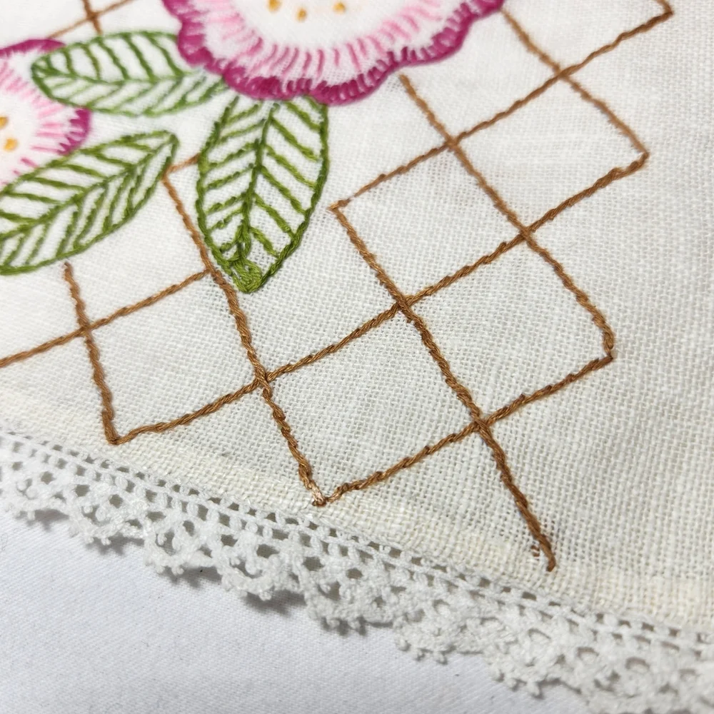 Vintage Hand-embroidered Linen Floral Table Runner Dresser Scarf 12
